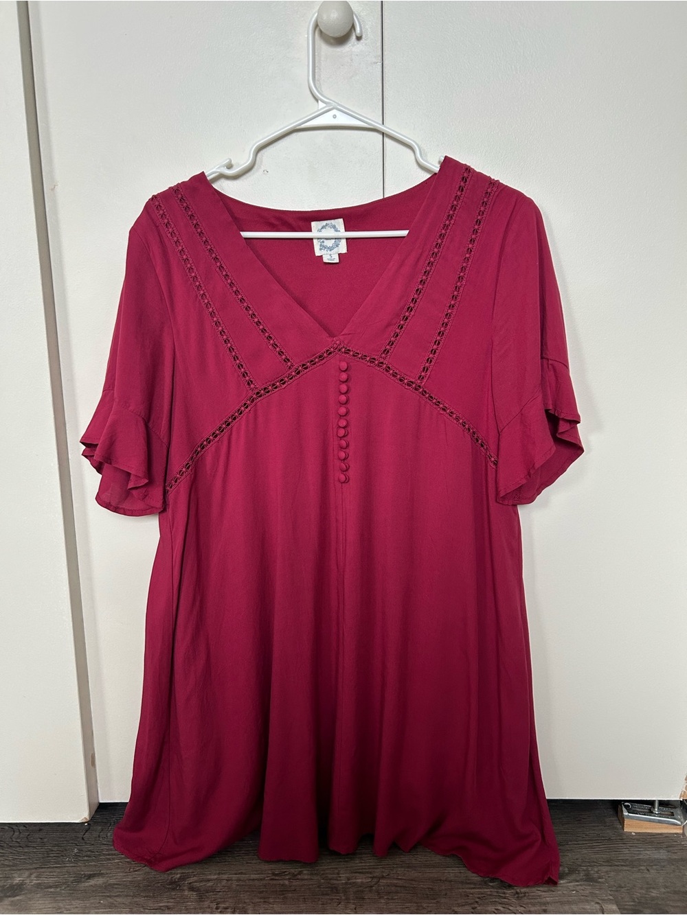 Blue Rain V-Neck Flutter Sleeve Tunic in Raspberry